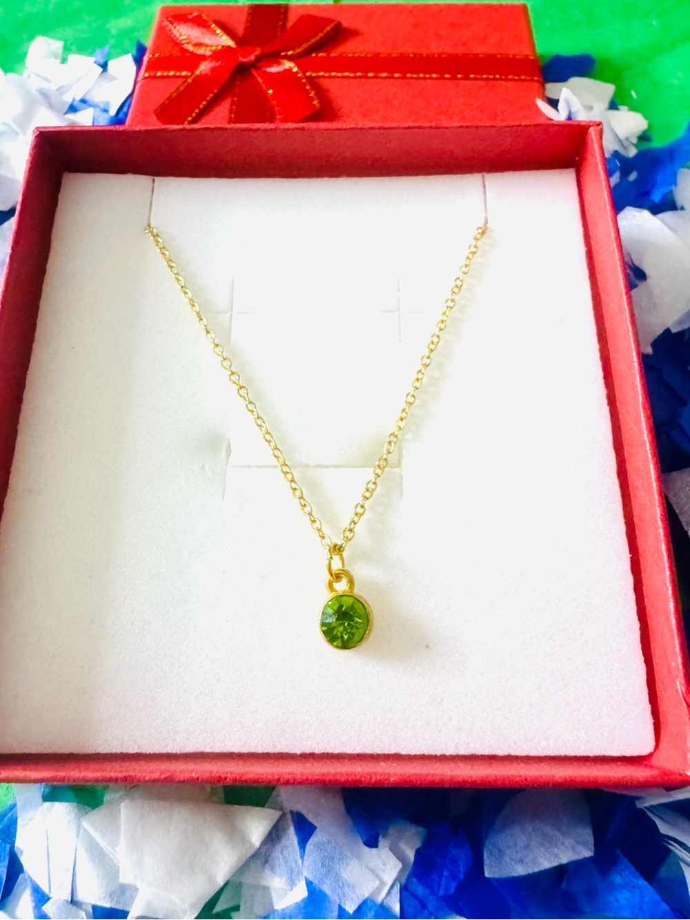 Gold-Tone Necklace with Green Crystal Pendant - Women's Jewelry